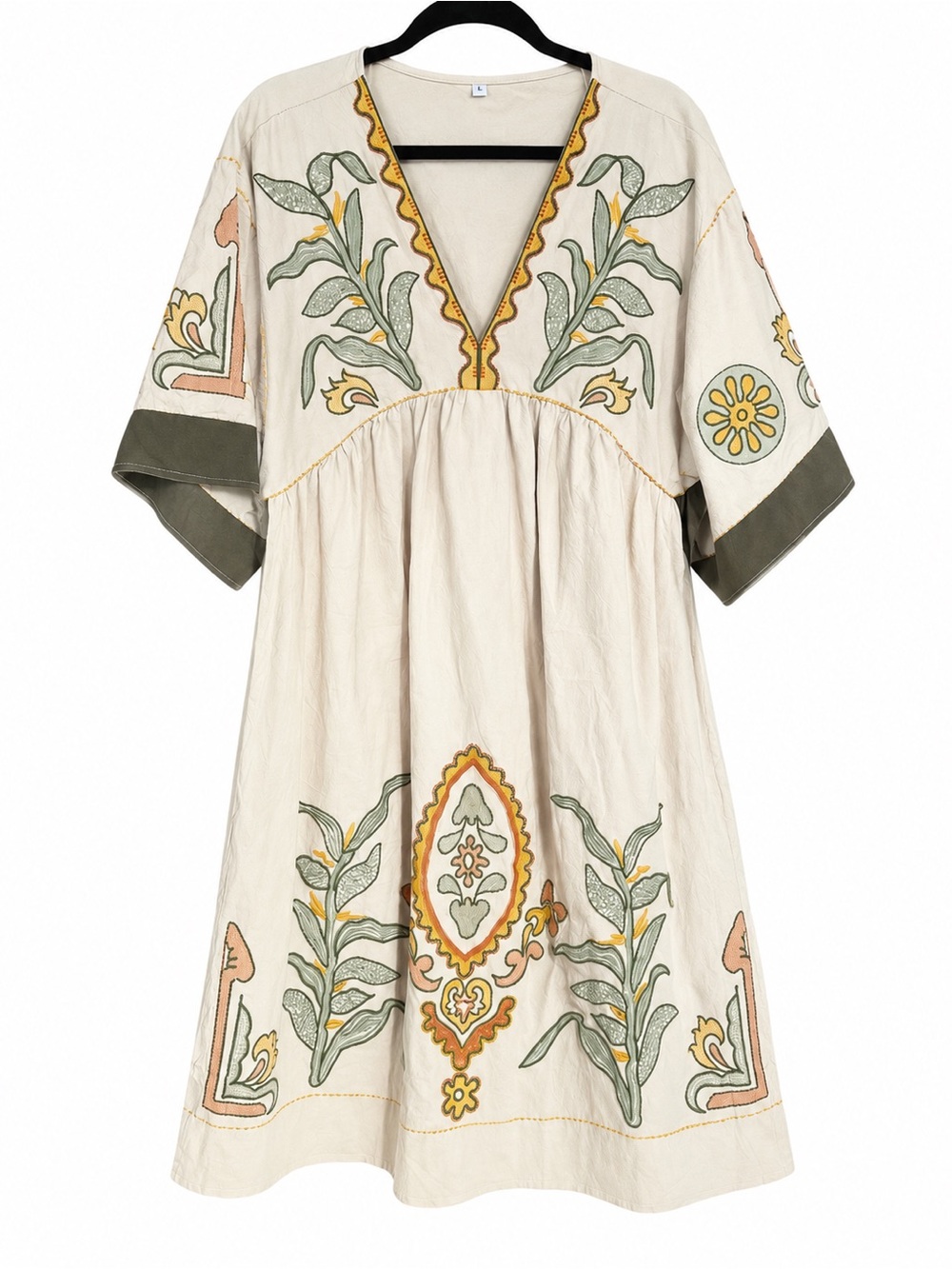Joiemont Boho Embroidered Babydoll Midi Dress Cream Olive Size Small